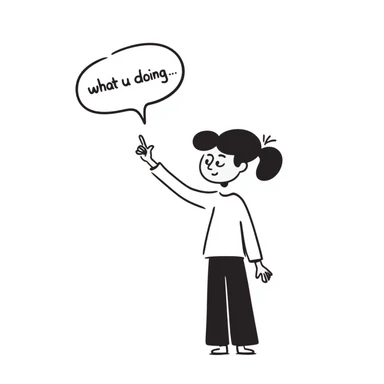 person with hand raised and a speech bubble saying 'what u doing' sticker