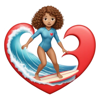 Woman with brown curly hair surfing wave in 3d heart sticker