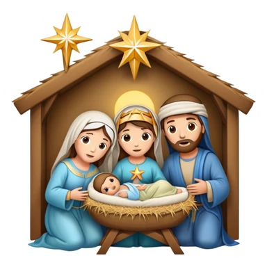 Nativity scene with baby Jesus in a manger, Mary, Joseph, and star above sticker