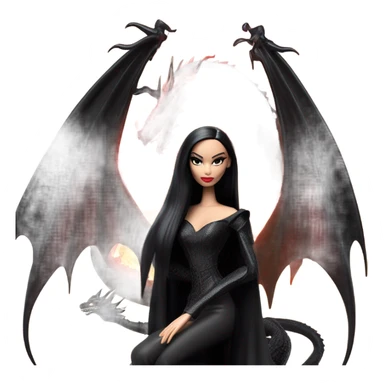  beautifully dressed teen Morticia Addams Barbie Jedi flying on the back of a very large black shiny evil-looking fire-spewing dragon. proper scale sticker