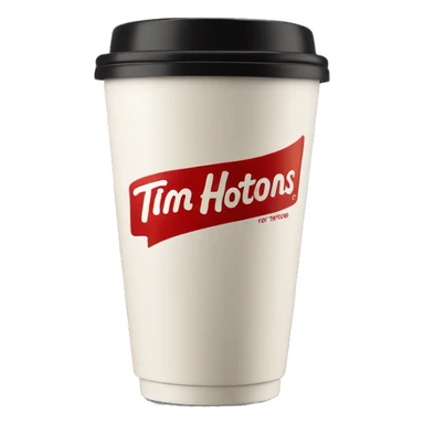 “Red Tim Hortons coffee cup with large white ‘Tim Hortons’ logo in script, black plastic lid, and a simple, clean design.” sticker