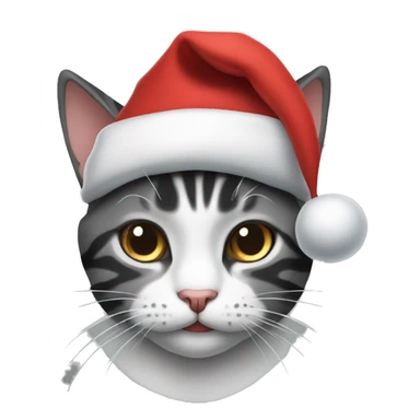 Black, grey, and white tabby cat wearing a Santa hat sticker