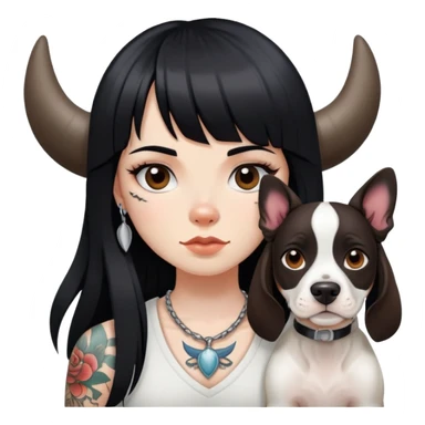 girl with long black  straight bangs hair with tattoo and a Springer dog  and  bull terrier sticker