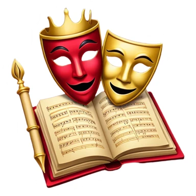 Create a bold and dramatic emoji representing the art of playwriting. The design should feature an open script or a theater playbook, with stylized text inside. Include elements like a theatrical comedy and tragedy masks, a stage spotlight, or a writting quill to symbolize creativity and performance. Use deep, contrasting colors like red, black, and gold to evoke the intensity and passion of drama. The overall design should feel dramatic, inspiring, and artistic. Make the background transparent. sticker