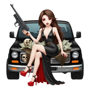 Lilith symbol red eye seductress evil long brown haired sexy succubus woman with leather long dress with slit on, sitting in Big Large F350 pickup truck. Platform long high heels on feet. Back seat full of stacks of cash, she is  Holding a man dead human skull of her enemies and a gun in other hand sticker