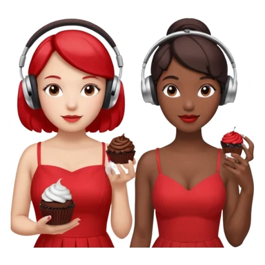 4–5 women at a listening party with a red and silver dress code. One holds a dark chocolate cupcake. Two wear over-ear headphones like AirPods Max. Indoor event lighting, modern and metallic vibe. sticker