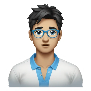 young man crying, 20 years old, with black hair, blue eyes and light blue round glasses, white polo shirt with blue collar sticker