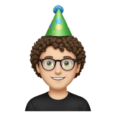 A white guy with curly brown hair and green eyes with a happy face, and wear square black glasses.He’s also got a full silver birthday party hat on his head with blue pom poms on top of it, and his T-shirt is all black, he wears a little gold circle earrings on his left  sticker