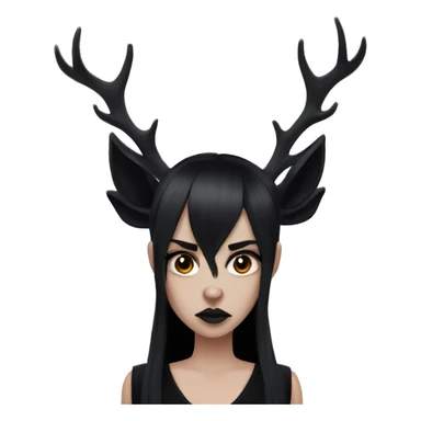 Portrait. Goth, deer girl. Wearing a black sleeveless dress with a choker. She has White antlers and deer ears. Long Black hair. She looks angry sticker