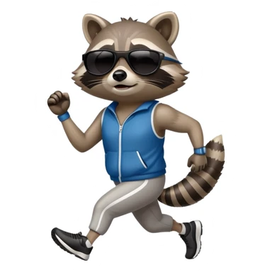 friendly anthropomorphised raccoon in sports wear, wearing dark sunglasses, jogging upright, mafia style sticker