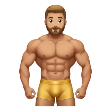 Gold statue of bodybuilder man, stubble beard, low fade haircut, shirtless wear golden brief box underpants sticker