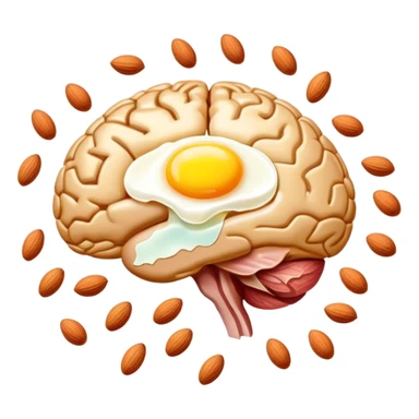 Glowing brain near a shimmering liver, with choline-rich foods floating around them: eggs with bright yellow yolks, clusters of almonds, cuts of lean meat, and dairy products. Golden connections flow between the foods and organs, showing the pathway of this essential nutrient. sticker