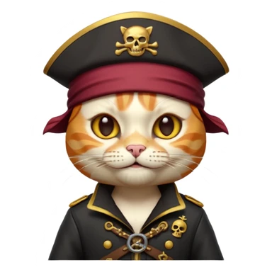 Premium 3D emoji icon of a cute ginger cat pirate, wearing a **burgundy red** pirate hat with a gold skull icon, and a black and gold captain's jacket. Glossy finish, claymorphism style, soft studio lighting, isolated on white background, 8k resolution, stylized professional look --v 6.0 sticker