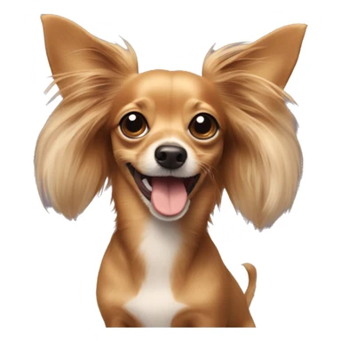 A dog that is a dachshund and long haired chihuahua mix winking with a little heart sticker