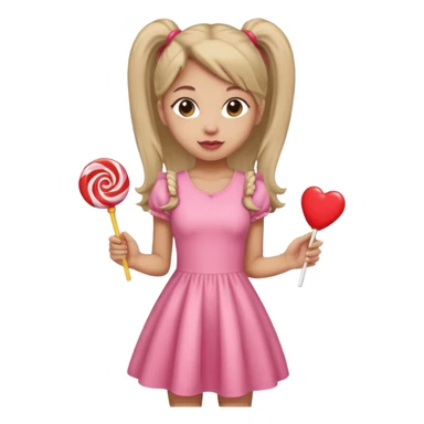 Girl with long dark ponytails wearing light pink body dress holding a lollipop sticker