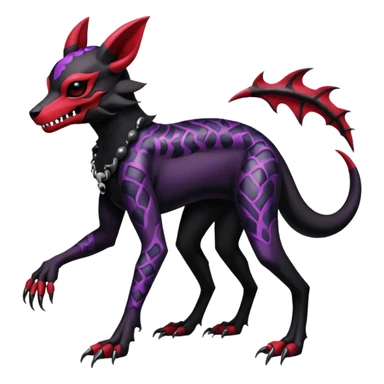 Gothic Black red purple Scaley Exotic Salandit-Umbreon-Noibat-Houndoom-Fakémon-hybrid-creature (full body), 4 legs, skull face mask sticker