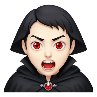 Nam 50 tuổi, mắt đỏ, da trắng, tóc ngắn màu đen,mồm mở rộng, có răng nanh, mặt hơi đáng sợ như ma cà rồng, áo măng tô cổ cao màu đen, nửa thân trên sticker