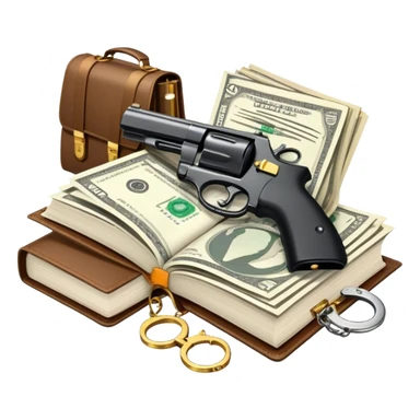 Icon for Action & Crime Reading: open book, with a silhouette of a gun, a bag of money, and a police badge on the pages. Surrounding elements include a pair of handcuffs, a briefcase, and scattered bullet casings. Transparent background. sticker