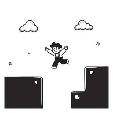 pixel art of a retro side-scrolling video game scene with blocks, platforms, clouds, and a character jumping, 8-bit Game Boy style, Mario world sticker