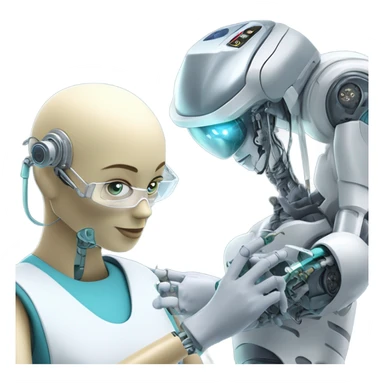 One cyborg performing brain surgery on a robot.  sticker