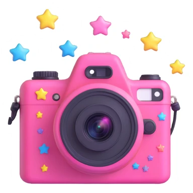 Enhance the 3D iOS style pink camera by adding extra kawaii details: cute stickers including stars, tiny pastel hearts, a small rainbow, and a smiling face on the lens. Maintain the playful and adorable look with glossy highlights and soft shading. sticker