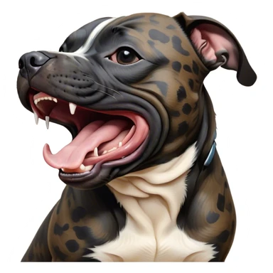 Cinematic Cute Yawning Black/Brindle Staffordshire Bull Terrier Portrait Emoji, Head tilted slightly with a dramatic, wide-open yawn, showcasing a smooth Fur with a striking black and brindle pattern, floppy ears slightly drooping, round dark eyes barely open in drowsy contentment, Simplified yet irresistibly adorable features, highly detailed, glowing with a soft, cozy glow, high shine, relaxed yet expressive, stylized with a touch of whimsy, bright and endearing, soft glowing outline, capturing the essence of a sleepy yet affectionate guardian, so drowsy it feels like it could stretch right out of the screen and curl up for a nap! sticker