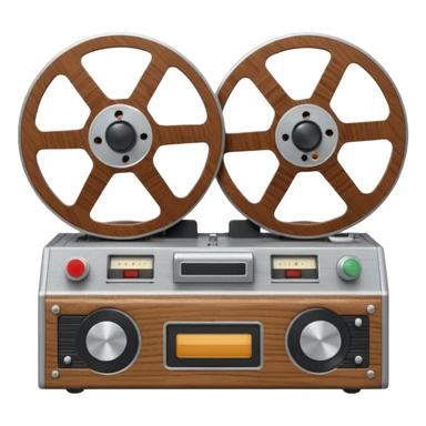 3D render of Reel-to-Reel, vintage 1980s audio equipment aesthetic, tactile analog buttons, silver metallic face with two large brown magnetic tape wheels, mixed wood grain and brushed aluminum textures, Apple emoji style, isolated on white background --v 6.0 sticker