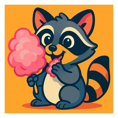 cute raccoon holding and eating pink cotton candy, cartoon style, vibrant colors, playful expression sticker