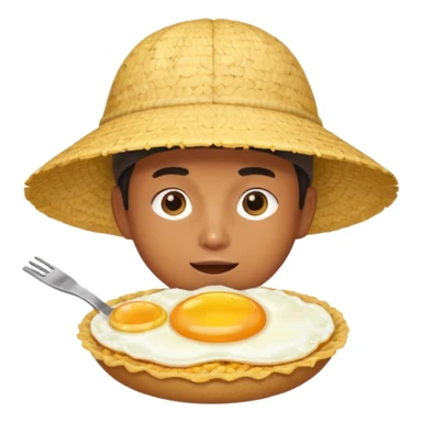 Asian guy with a rice hat eating an egg sticker