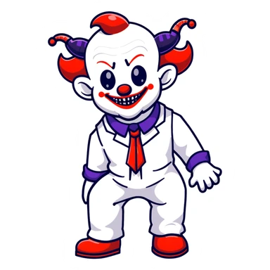 full-body demonic clown in a white leisure suit with bellbottom pants, bald, with black ram horns, wearing elevator shoes, cartoon sticker style sticker