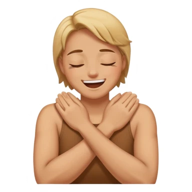 A person with their arms crossed over their neck with eyes closed laughing softly sticker