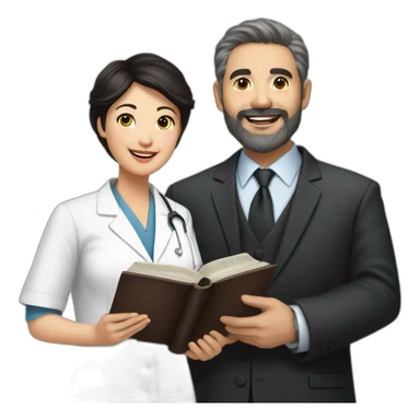 husband age 50 dark brown hair trimmed beard wearing dark business suit holding bible, wife asian age 50 black hair wearing nurse uniform, no children sticker