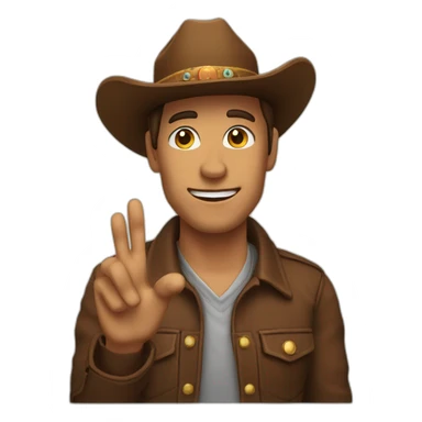 A man wearing a brown cowboy hat and waving his hand down the middle of the hat sticker