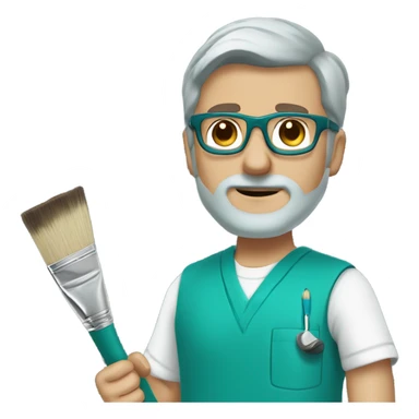 male dark blond doctor with grey beard with hazel eyes and small wire glasses in teal scrubs holding a paintbrush and paint can sticker