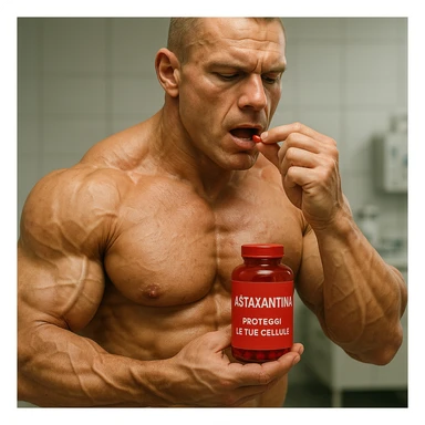 hyper realistic bodybuilder taking astaxanthin, well visible muscles, red bottle labeled 'Astaxantina', text 'Proteggi le tue cellule', clinical atmosphere, realistic details sticker