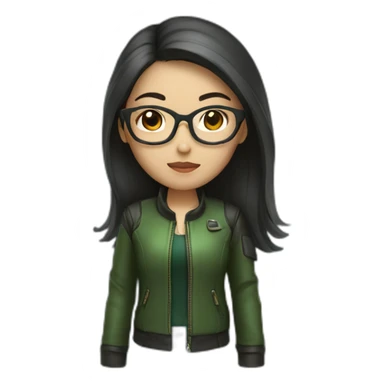 asian girl with glasses and a leather jacket with a green shirt and long dark hair sticker