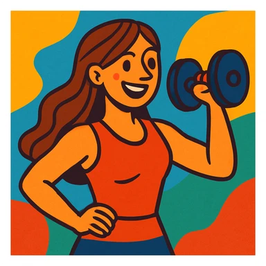 woman with long brown hair lifting a weight, vibrant illustration style sticker