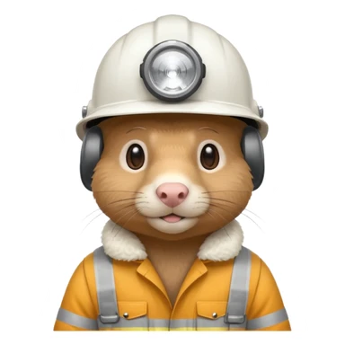 a mole rat, white helmet, headlamp, worker cloth sticker