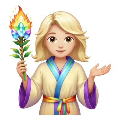 a being made of light of light with a robe on made of light and who is lanky holding a bouquet of crystal flowers on rainbow fire sticker