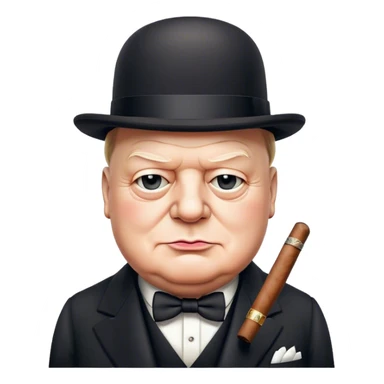 Cinematic Realistic Winston Churchill Portrait Emoji, depicted as a resolute British statesman with a signature bowler hat and a cigar, exuding determined leadership and wartime valor, rendered with lifelike textures and dramatic vintage lighting that captures his iconic British spirit. sticker