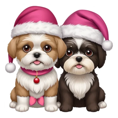 two dogs one little white all over shih tzu dog with pink santa hat and one mostly white with black havanese dog wearing a red santa hat sticker