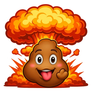 Add a dramatic poop nuke explosion behind the smiling poop blowing a kiss, fun and silly, no background. sticker