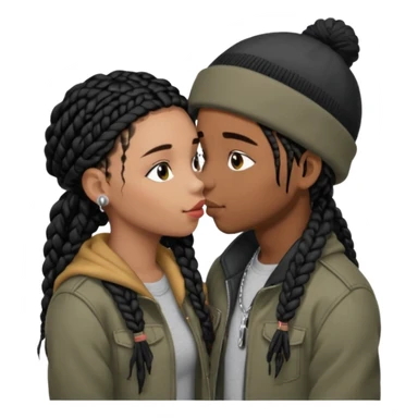 The girl and boy kissing emoji but the girl is a brown skin girl with black braids and has cute lashes, and lipgloss, and the boy is a brown skin boy with brown dreads, a black beanie, and a grey jacket sticker