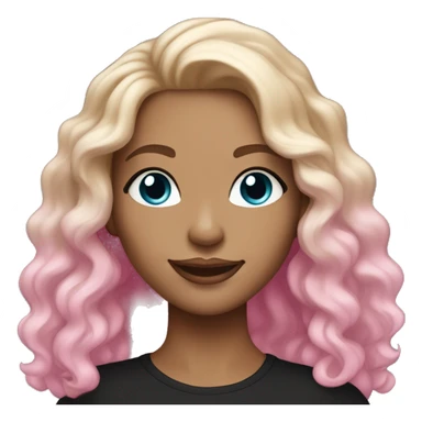 White-skinned adult woman, smiling, glitter pink makeup on her face, blue eyes, long brown-to-blonde ombre wavy hair, ring earrings, black T-shirt. sticker