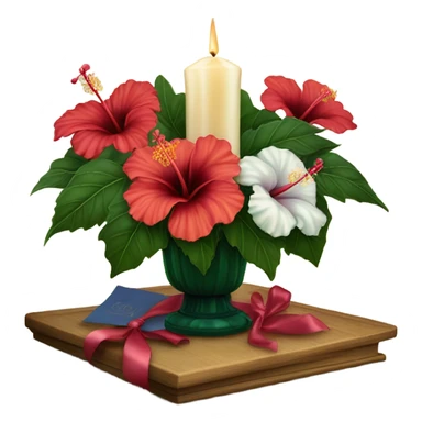 A vintage floral arrangement of hibiscus with a satin ribbon and a candlelit setting
 sticker