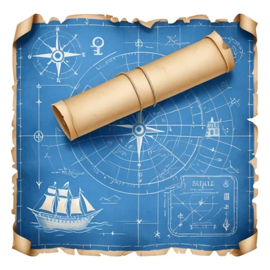 blue blueprint plan with white drawings like a treasure map sticker