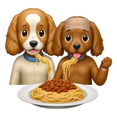 American Cocker Spaniel and Mongrel Eat Spaghetti Between Them, iphone emoji style, reference image: https://attic.sh/7pfc4fbn6y0ij1bao69rntq1w5mv sticker