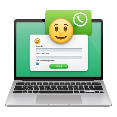 A emoji-style illustration of a laptop front facing with its screen showing onboarding form. On the screen, display a small white form card with a few input fields no labels. Add a bright green button at the bottom of the card no label. fix the keyboard letters. sticker