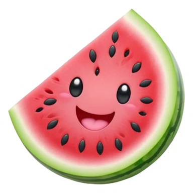 Cute Kawaii Watermelon Slice, juicy and vibrant, soft pastel green rind with pink flesh, tiny black seeds shaped like hearts, an adorable happy face with cute round eyes, bursting with summer energy! sticker