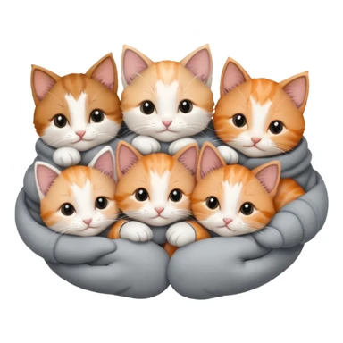 6 tiny kittens cuddling together all various different natural colours including solid grey with white mittens, grey and white, ginger and white, calico and brown and white sticker